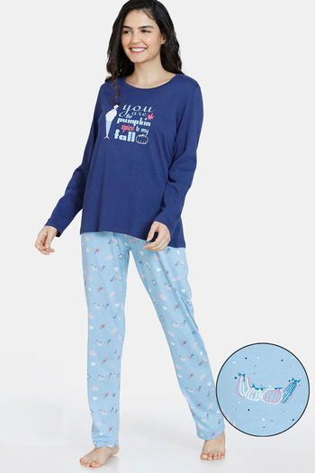 Buy Zivame Autumn Leaves Knit Cotton Pyjama Set - Dusk Blue